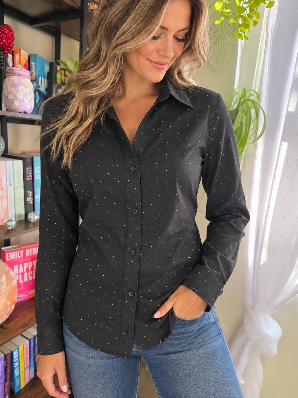 H&M Black Button-Down Shirt with Tiny Dot Print